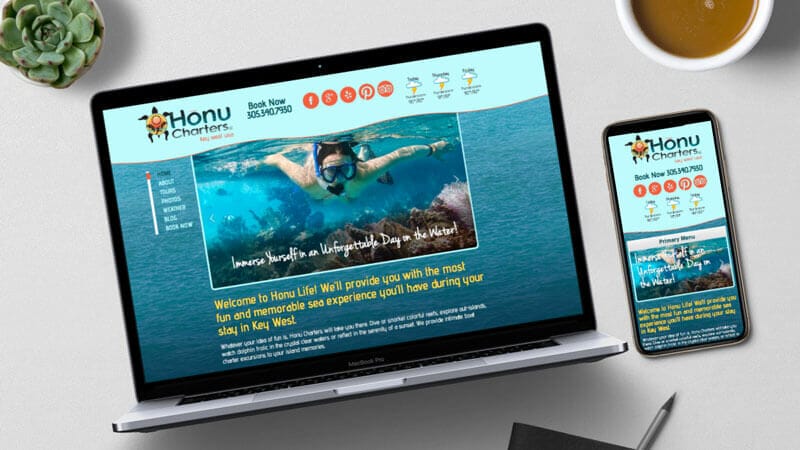 Honu Charters website on laptop and mobile